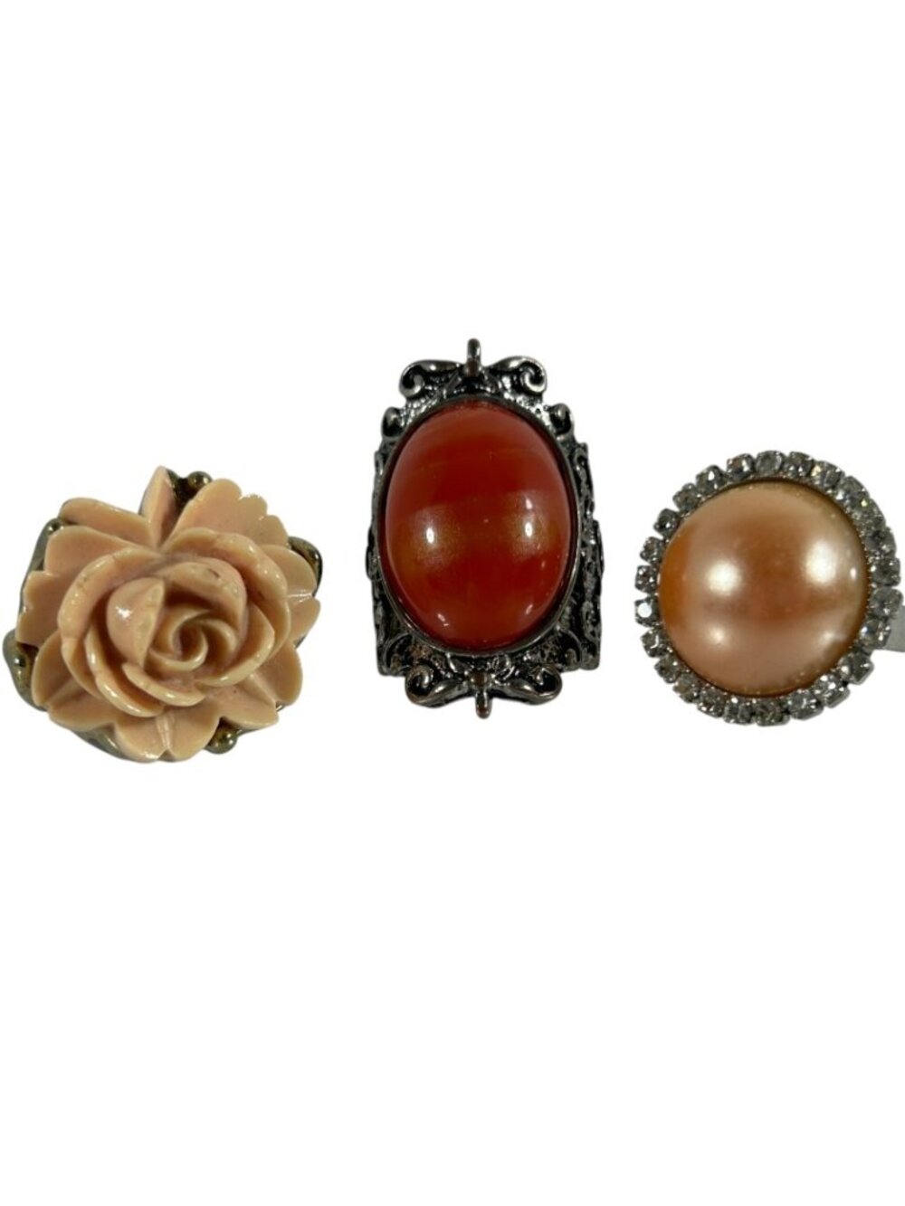 Mixed 3 Ring Lot Carved Resin Flower Faux Carnelian Cabochon Stone Faux Pearl
